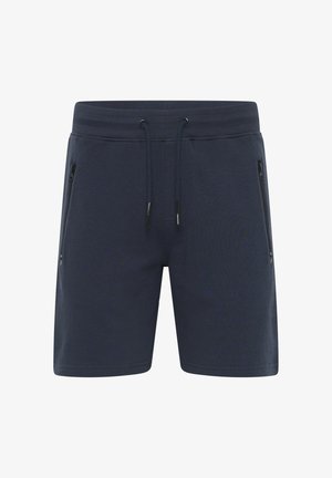 Sötétkék sportnadrág, rugalmas derékpánttal, húzózsinórral és két oldalsó cipzáros zsebbel. Simas texture és testre szabott fazon.