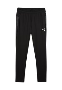 Zwarte sportbroek met een mesh zijpaneel en elastische tailleband; voorzien van een klein wit Puma-logo op de linkerdij.