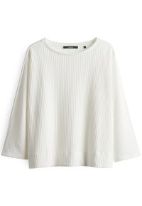 White ribbed top with a round neckline, wide sleeves, and a relaxed fit. Made of textured material, featuring subtle horizontal lines.