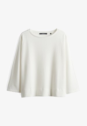 Witte geribde top met een ronde halslijn, brede mouwen en een losse pasvorm. Gemaakt van gestructureerd materiaal, met subtiele horizontale lijnen.