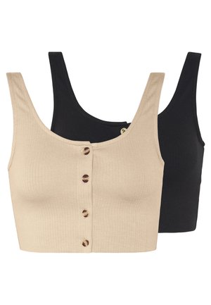 Dois tops curtos, um bege com textura canelada e detalhe de botões, o outro preto com um design simples. Ambos apresentam alças largas e uma forma ajustada.