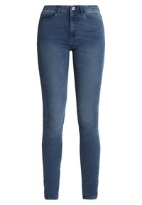 Blue high-waist skinny jeans with front and back pockets, button closure, and faded detailing on thighs and knees.