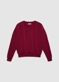 Sweat-shirt col rond bordeaux avec une taille légèrement froncée, des poignets côtelés et une coupe décontractée. Fabriqué en tissu doux et léger.
