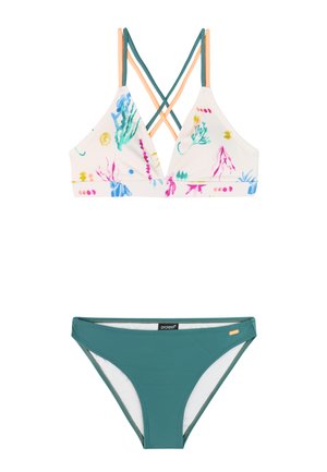 Bikini deux pièces avec un haut blanc à imprimé corail coloré, doté de bretelles croisées vert sarcelle et pêche, associé à un bas de bikini uni vert sarcelle.