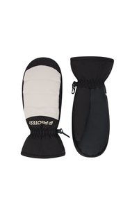 Schwarze isolierte Fäustlinge mit einem gepolsterten hellgrauen Oberteil und einer glatten schwarzen Unterseite. Mit elastischen Bündchen und Logodetails.