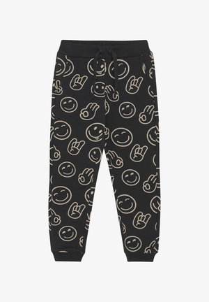 Schwarze Baumwoll-Sweatpants mit einem tanfarbenen Smiley-Gesicht und Handgesten-Muster. Verfügt über einen elastischen Bund und eine verstellbare Kordel.