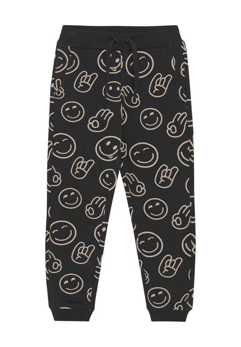 Zwarte katoenen sweatpants met een tan kleurige glimlachende gezicht en handgebaar patroon. Beschikt over een elastische tailleband en een verstelbare trekkoord.