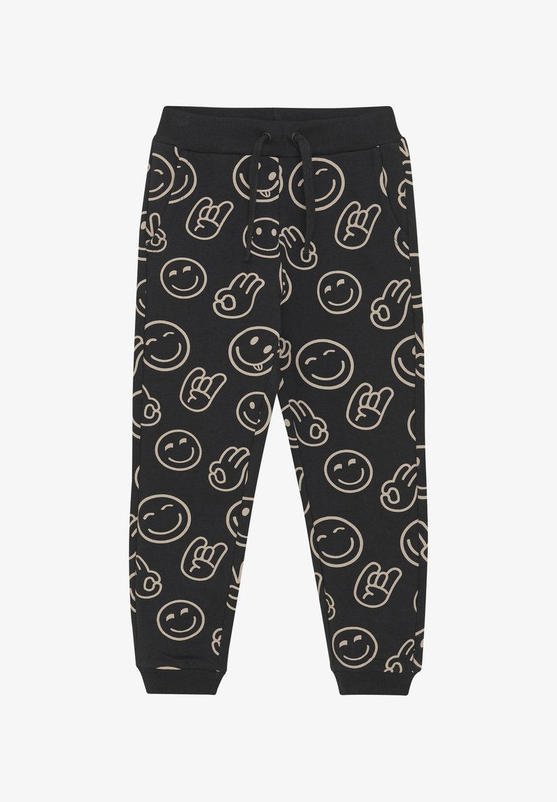 Schwarze Baumwoll-Sweatpants mit einem tanfarbenen Smiley-Gesicht und Handgesten-Muster. Verfügt über einen elastischen Bund und eine verstellbare Kordel.