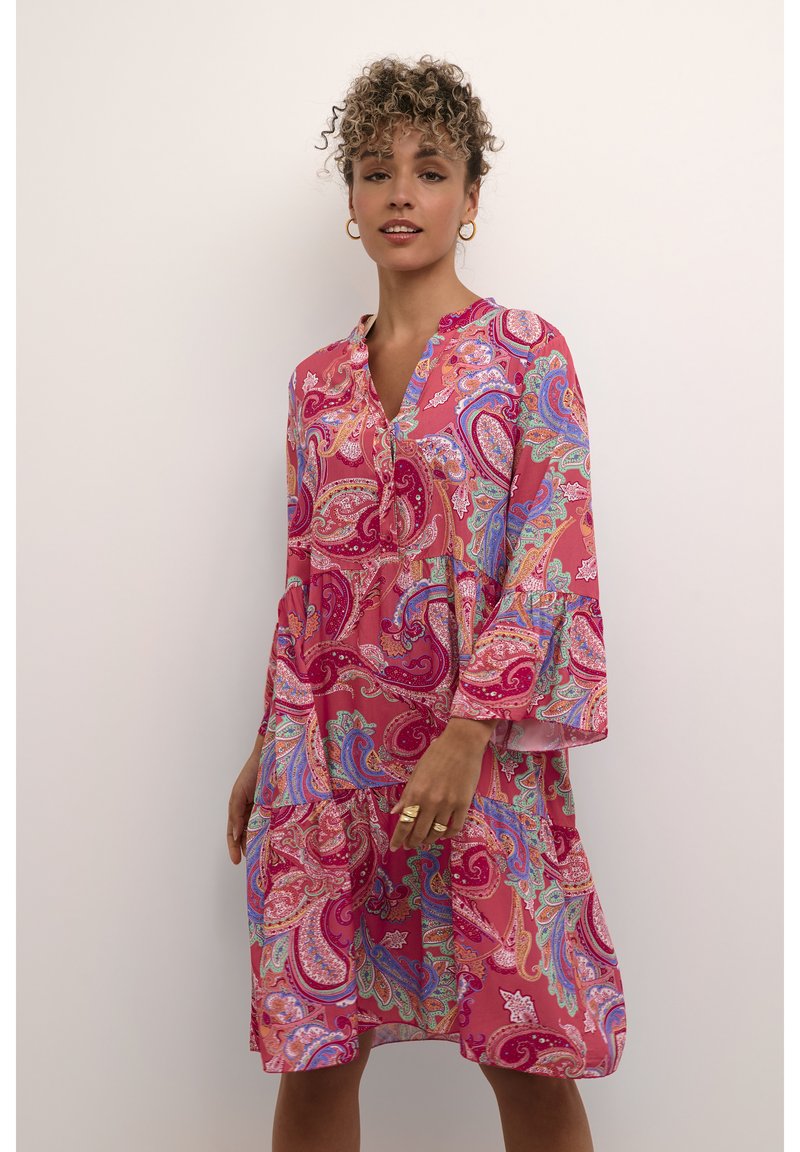 LEMAFER Women's Boho Off-Shoulder Maxi Dress - Pink Paisley Print, 100% Viscose, Long Summer Dress