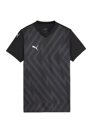 Maillot de sport noir avec un col en V, présentant un motif en zigzag texturé dans des nuances de gris. Logos blancs sur la poitrine et les manches.