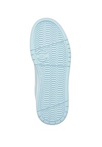 Sola della scarpa sportiva blu chiaro con gomma testurizzata per una migliore trazione. Presenta un motivo a zigzag e un logo circolare. Bordo pulito e arrotondato.