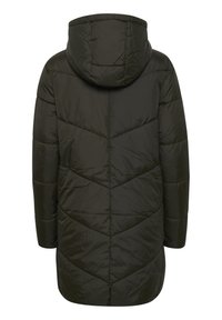 Tmavě zelená prošívaná dlouhá bunda s kapucí, zobrazená ze zadní strany, s charakteristickým šikmým prošíváním a dlouhými rukávy.
