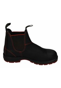 Black leather ankle boot with elastic side panels, red stitching, and a rubber sole. Features pull tabs for easy wear.