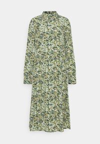 Květinové šaty s dlouhým rukávem v odstínech zelené a modré, s vysokým límcem, volným střihem a lehkým materiálem s texturovaným vzorem.