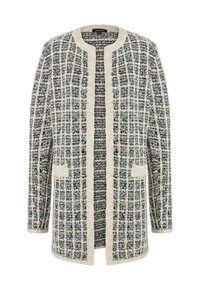 Gewebter Cardigan in Schwarz und Creme mit einem Gittermuster, offener Front, zwei Fronttaschen sowie geripptem Kragen und Bündchen.