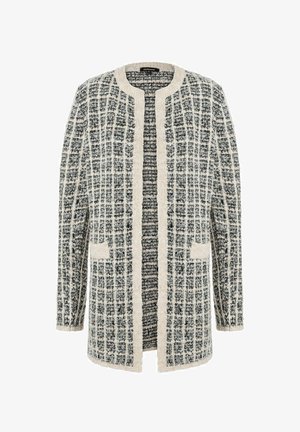 Geweven cardigan in zwart en crème, met een ruitpatroon, open voorkant, twee voorzakken en ribgebreide halslijn en manchetten.