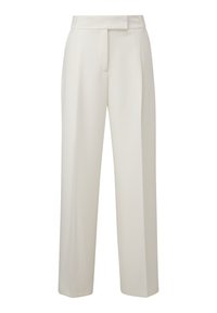 Spodnie o szerokich nogawkach w jasnym kremowym kolorze. Charakteryzują się gładką fakturą, płaskim przodem oraz subtelnym designem pasa z niewidocznymi zapięciami.