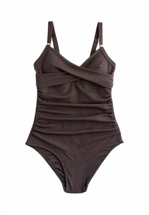 Dunkelbrauner, strukturierter Badeanzug mit verstellbaren Schulterriemen und einem gekreuzten, gerafften Vorderteil.