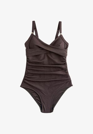 Maillot de bain une pièce texturé marron foncé avec bretelles réglables et devant froncé croisé.
