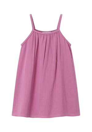 Robe rose douce sans manches avec fines bretelles tressées et détail de tissu froncé le long du décolleté.