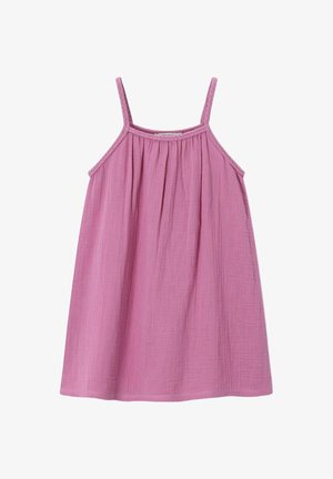 Robe rose douce sans manches avec fines bretelles tressées et détail de tissu froncé le long du décolleté.