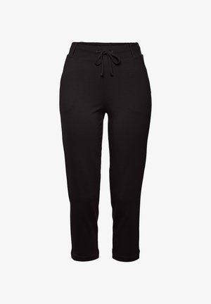 Zwarte joggerbroek gemaakt van zacht materiaal, met een verstelbare trekkoord tailleband, geribbelde boorden en een rechte pasvorm.