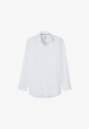 Weißes Langarm-Hemd mit Knopfverschluss, spitzem Kragen und Manschetten, flach auf einem weißen Hintergrund präsentiert.