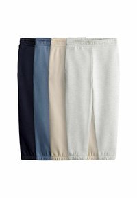 Fire par bukser i marineblå, lys blå, beige og lys grå. Hver par har et elastisk liv og manchetter ved anklerne. Blødt stof.