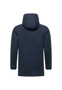 Giacca con cappuccio di colore blu navale, con una texture liscia, maniche lunghe, taglio dritto e dettagli cuciti lungo la schiena e le maniche.