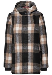 Cappotto in pile a quadri con cappuccio, caratterizzato da quadrati neri, marroni, grigi e bianchi. Include due tasche laterali con zip e polsini in maglia.