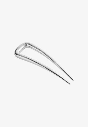 Polished silver hair fork with a sleek, minimalist design featuring two long, tapered prongs and a rectangular loop handle.