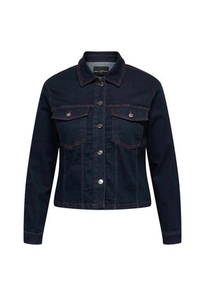 Tumši zila džinsu jaka ar sarkaniem izšuvumiem, pilna pogu priekšpuse, divi pogu krūšu kabatas un klasiskā apkakle.