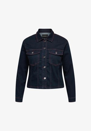 Tume sinine denimmantel punaste õmblustega, täispainatav eesmine osa, kaks nupuga rinnataskut ja klassikaline krae.