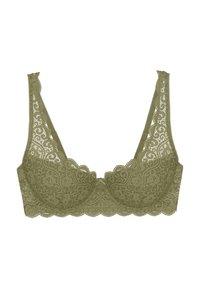 Olívazöld csipkés bralette hullámos szegélyekkel és virágmintával. Állítható pántok és középen masni díszítés. Légáteresztő anyag textúra.