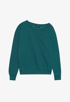 Tyrkysová mikina s širokým výstřihem, dlouhými rukávy a vroubkovanými manžetami. Vyrobena z jemné látky s volným střihem. Lehká textura, bez vzorů.