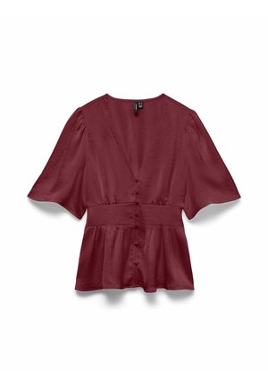 Burgunderfarget bluse med dyp V-hals, korte flagrende ermer og en rynket peplumkant nederst; har knappelukking foran.