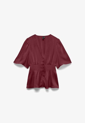 Bordowa bluzka z głębokim dekoltem w kształcie litery V, krótkimi falbanowymi rękawami oraz marszczonym dołem peplum; z zapięciem na guziki z przodu.
