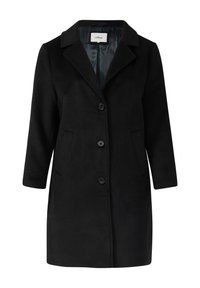 Zwarte jas met knoopsluiting, notch collar en twee zijzakken. Heeft een gestreepte voering en driekwart mouwen. Zachte stofkwaliteit.