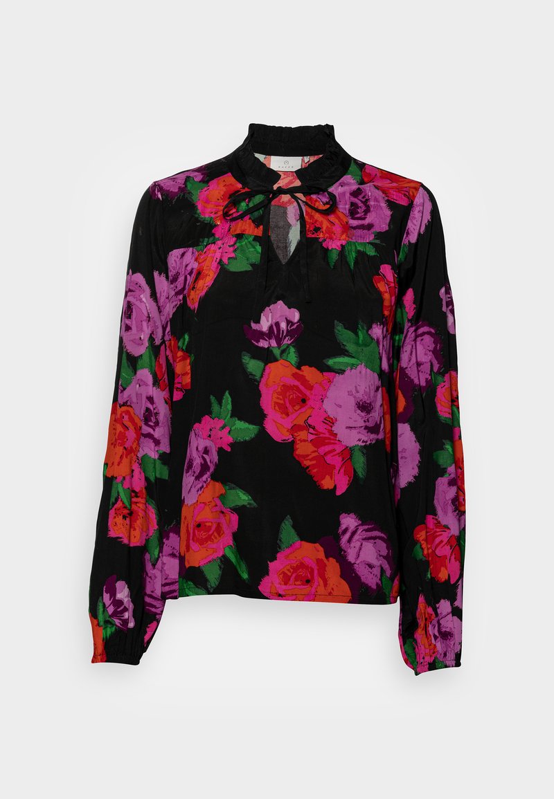 Blusa preta com padrão floral multicolorido em rosa, laranja e roxo. Apresenta um decote alto e mangas longas com punhos franzidos.