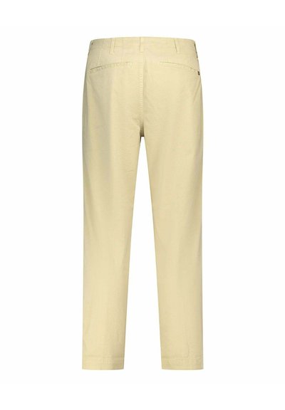 Pantaloni color crema, vestibilità dritta, tessuto di cotone, tasche anteriori e posteriori, passanti per cintura, texture liscia e orli rifiniti.