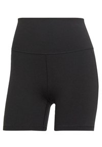 Sorte høy midje treningsshorts laget av elastisk stoff. Har en jevn tekstur og forsterket søm langs sømmene.