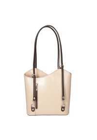 Beige, blank syntetisk tote taske med en bølget topkant, brune tofarvede håndtag og en lynlåslomme på forsiden.