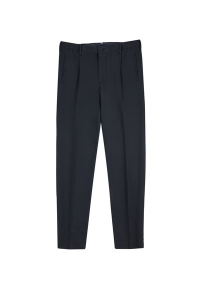 Pantaloni blu navy con taglio dritto, dotati di zip frontale e chiusura con bottone. Realizzati in tessuto leggero e morbido, con tasche laterali.