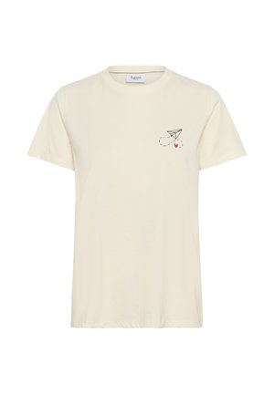 Kremasta kratka majica s kratkimi rokavi iz mehkega blaga, na kateri je črna grafika papirnatega letala z vodoravno črto pik in majhnim rdečim srcem.