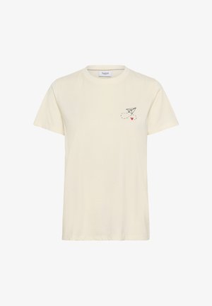 Tricou cu mânecă scurtă, de culoare crem, realizat dintr-un material moale, având un desen cu un avion de hârtie negru, o linie punctată și o inimă mică roșie.