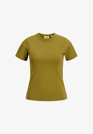 Olivno zelena majica s kratkimi rokavi, izdelana iz gladkega blaga. Ima okroglo ovratnico in ravno silhueto z minimalnim šivanjem.
