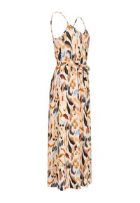 Hihaton maxihame, jossa on vyötäröllä vyö. Siinä on abstrakti kuvio oranssin, mustan, beigen ja sinisen sävyissä vaalealla taustalla.