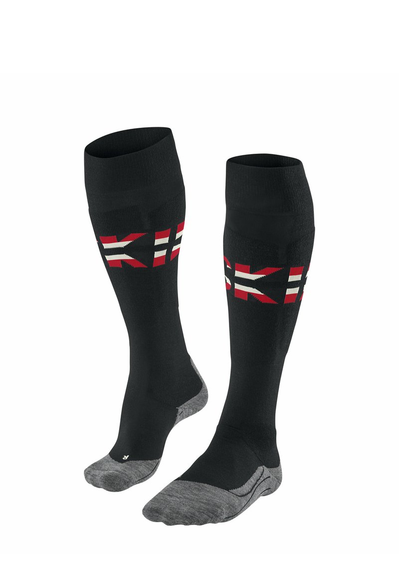 Calzini da sci neri con strisce diagonali rosse e bianche, aree del tallone e delle punte rinforzate in grigio, realizzati in un tessuto elastico e testurizzato per il massimo comfort.