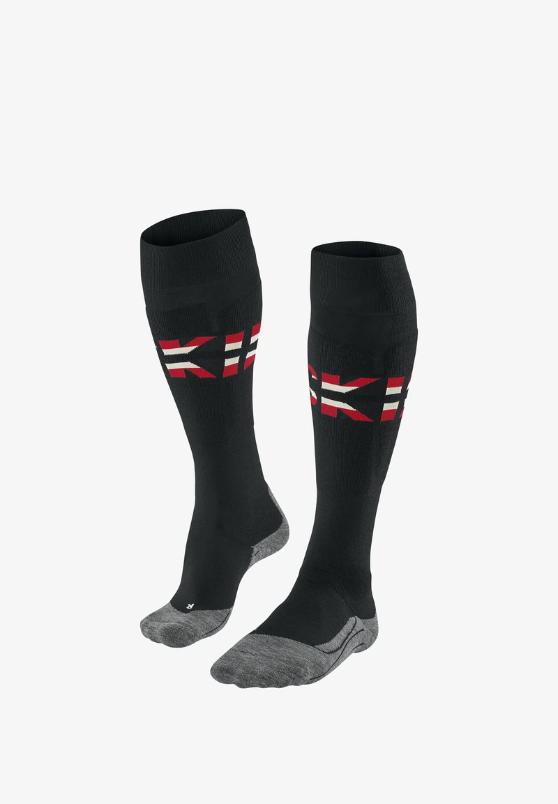 Calzini da sci neri con strisce diagonali rosse e bianche, aree del tallone e delle punte rinforzate in grigio, realizzati in un tessuto elastico e testurizzato per il massimo comfort.