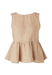 Haut sans manches en lin beige avec un col rond et un bas peplum froncé et évasé à la taille.